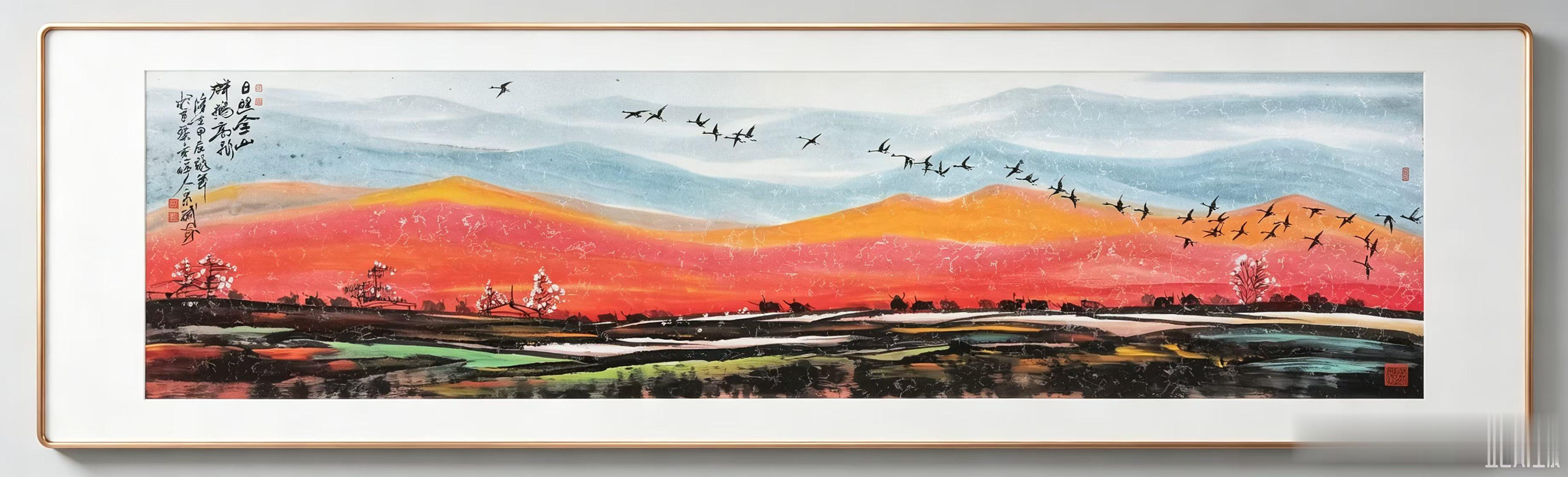 宋斌作品《日照金山，天鹅高飞》作品规格  50cm*150cm诗情画意《日照金山