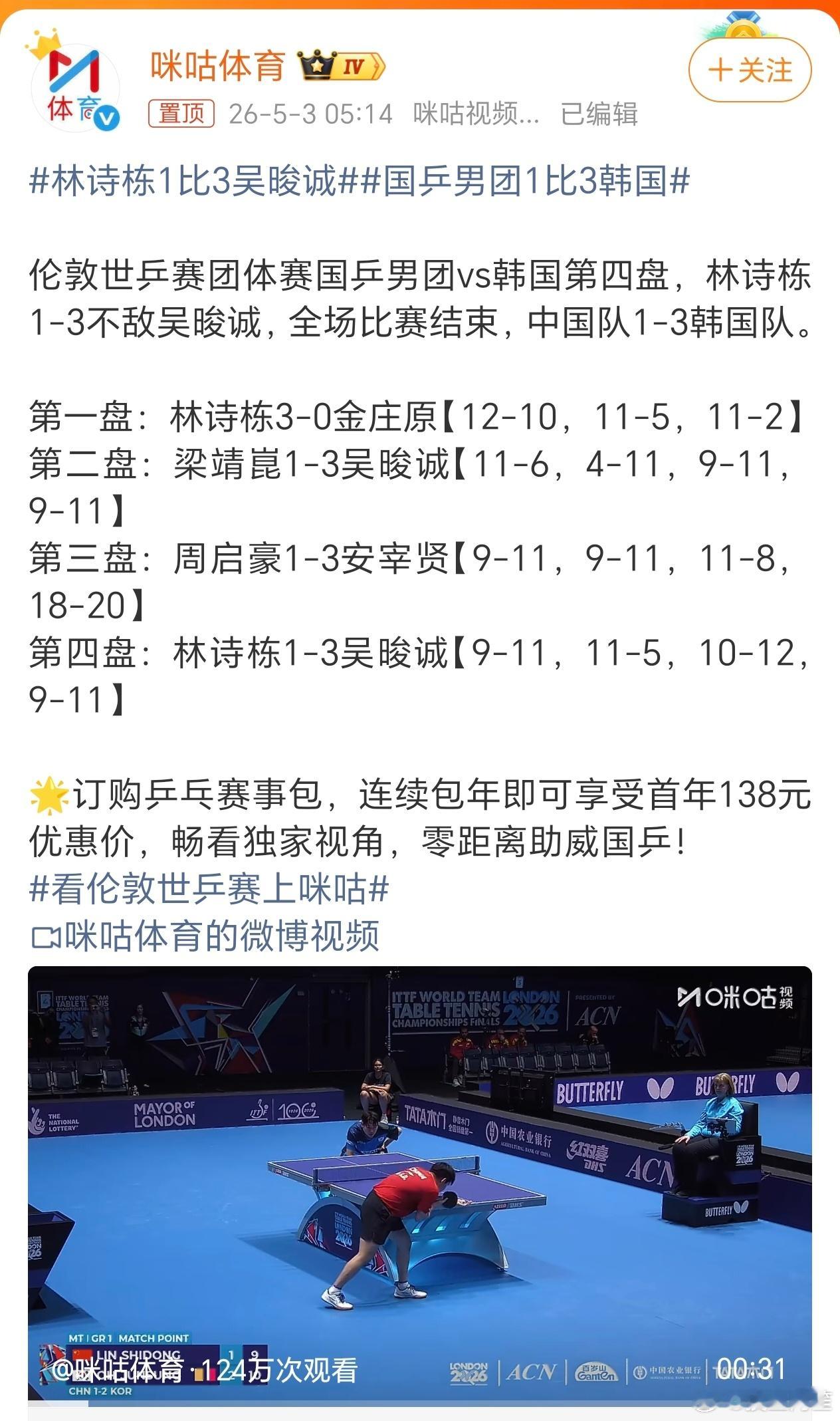 王楚钦这次没参赛吗？国乒男团1比3韩国