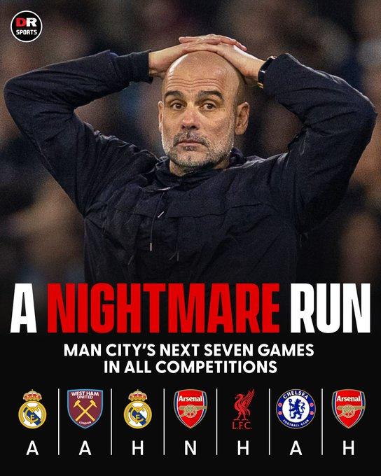 曼城接下来的7场比赛难度堪比“地狱级”。除了西汉姆联，其它全部都是狠角色：皇马、