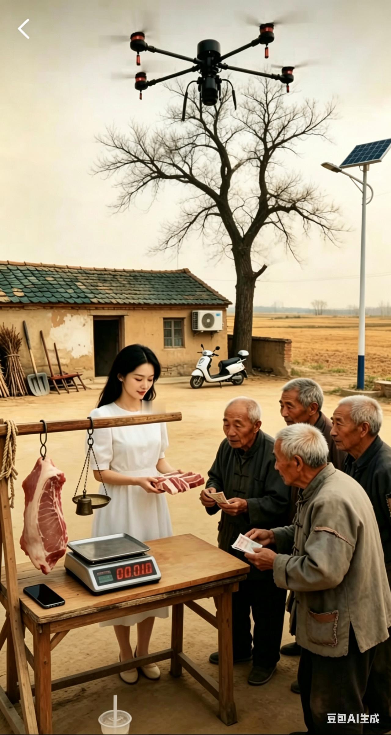 寻找不合理之处
这幅图展现的是80年代卖猪肉的场景，其中有6处物品与那个年代不符