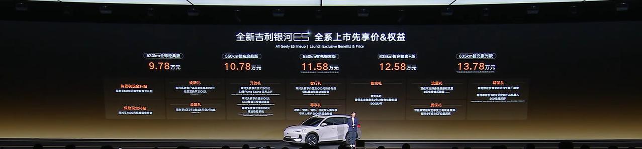 全新吉利银河E5正式上市，先享价9.78万起。新车搭载原生纯电后驱架构，50:5