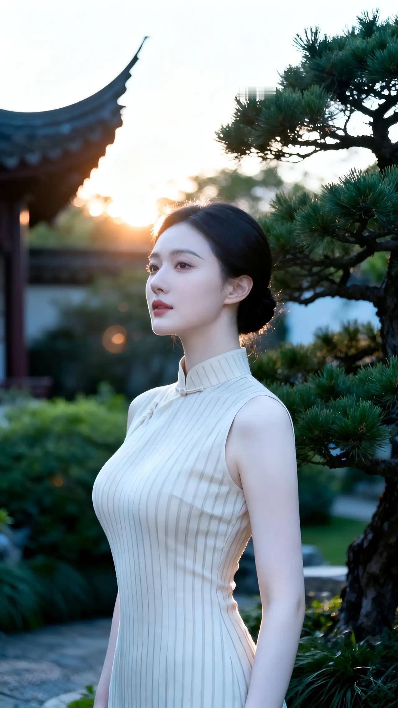 冬日生活打卡季你身着素雅旗袍，立于古园松影间，晨光为发丝镀金，侧颜如画中仙子。一