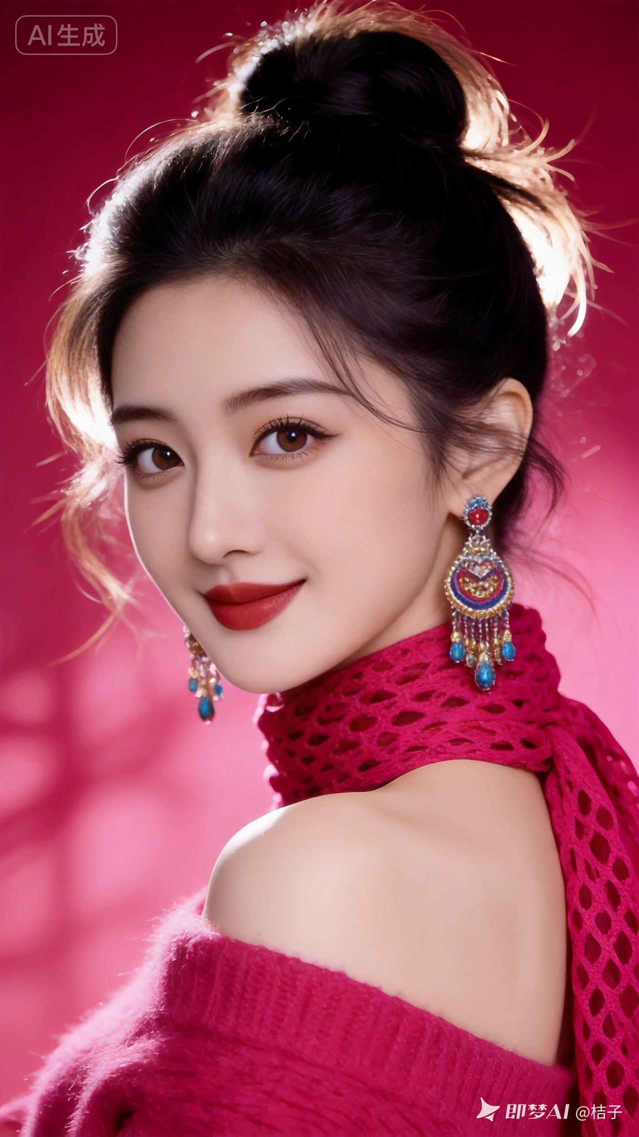 22岁绝色佳人，纤细身姿，冷白鹅蛋脸，优雅端庄。玫红露肩软毛衣，配同色镂空宽松围