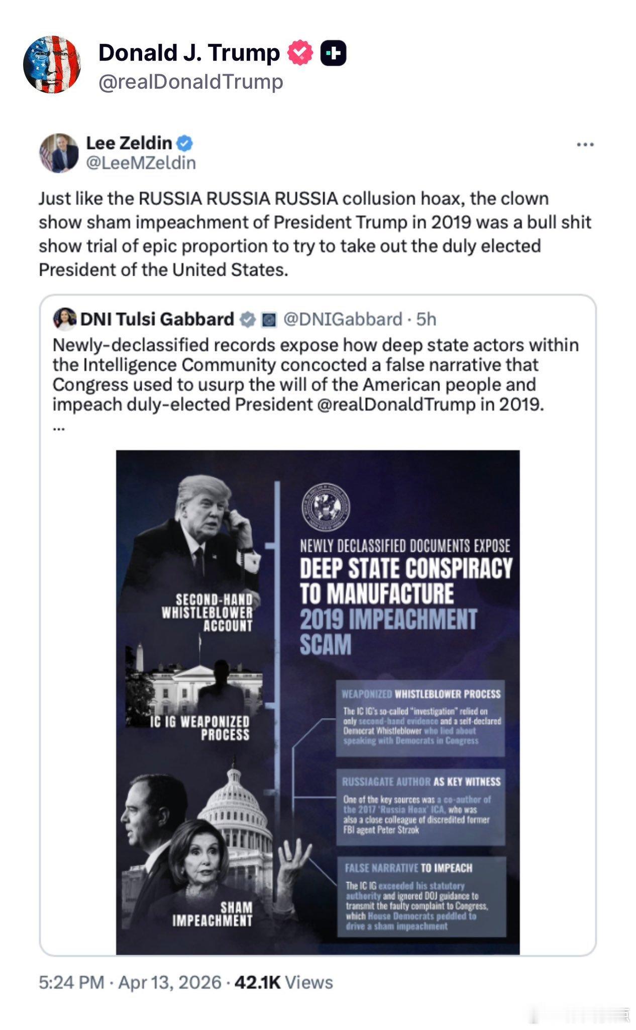 李·泽尔丁和图尔西·加巴德抛出证据：最新解密文件曝光称，2019年的弹劾是“深层