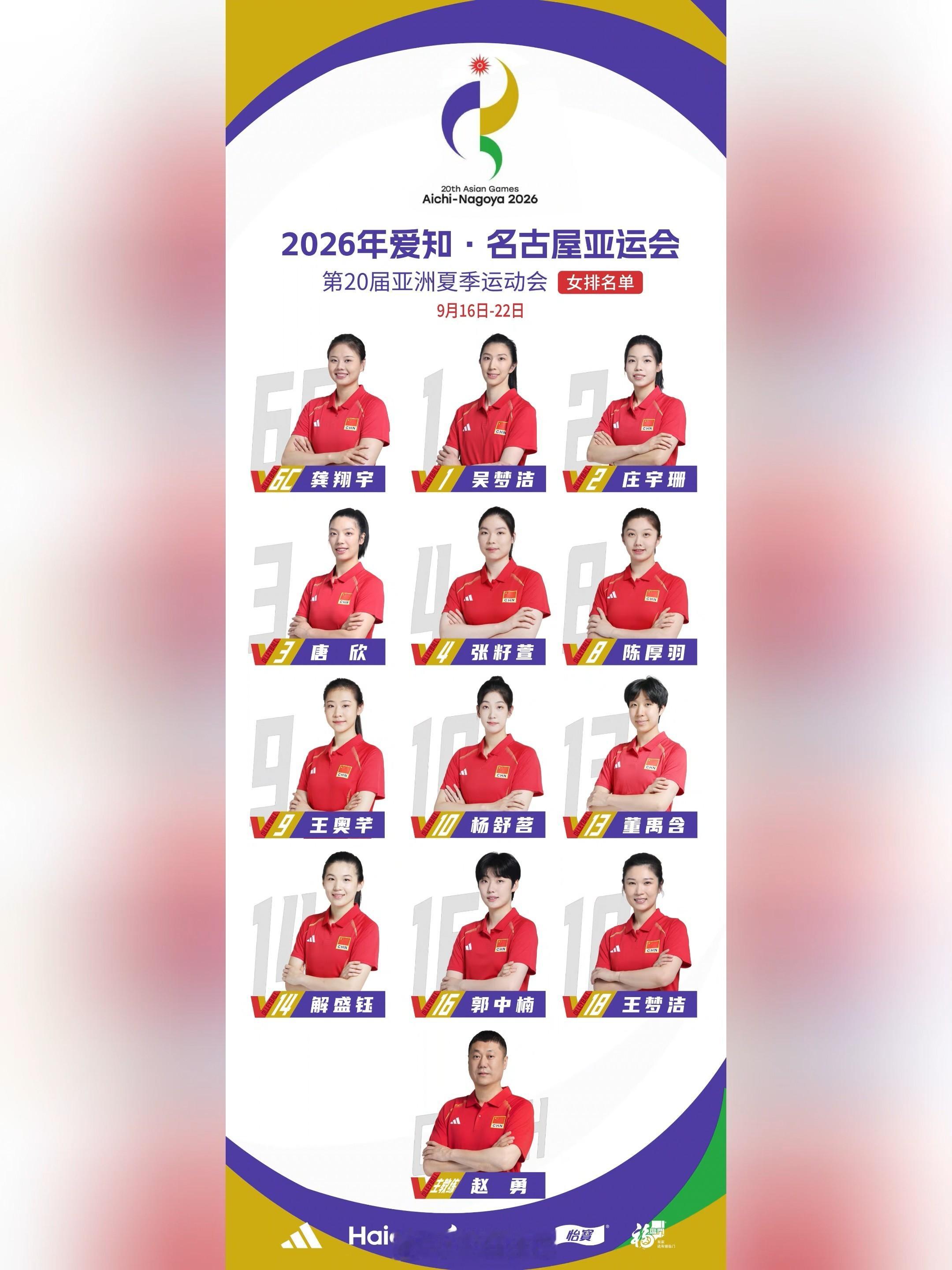【中国女排公布2026爱知名古屋亚运会 12人参赛名单】9月4日上午，公布第20