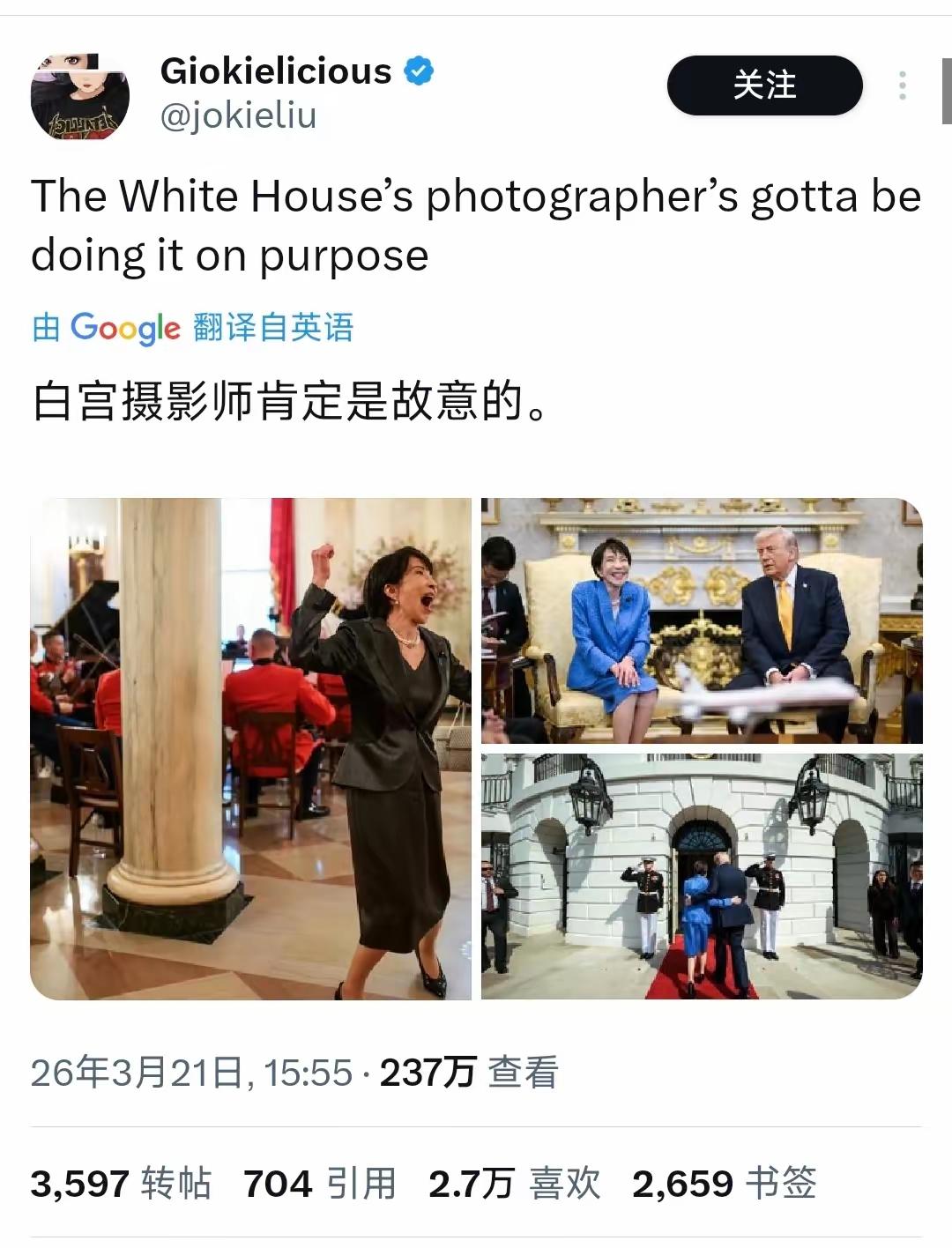 这个拍白宫的这个事情美国摄影师是肯定是故意的，把她这个夸张的表情以及拥抱特朗普的