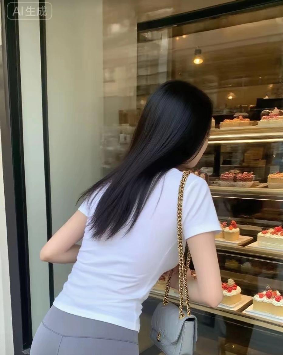 一个女孩在蛋糕店看着甜点。逛街打卡甜品 女孩吃蛋糕 吃蛋糕女孩 小蛋糕女孩 别有