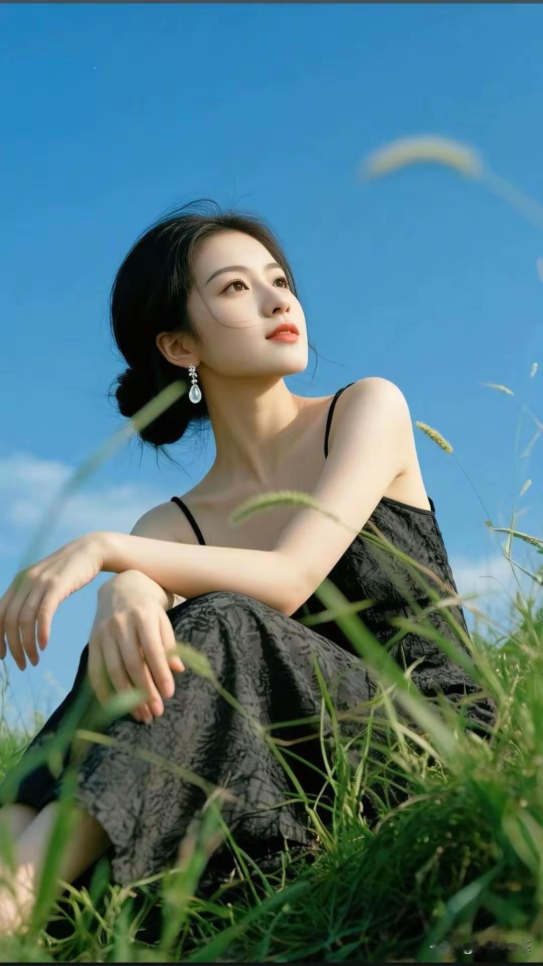 阳光明媚，她坐在草地上。