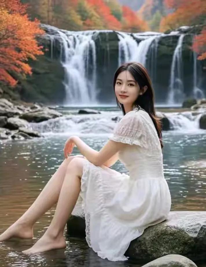 她，一袭白裙，如同一朵盛开在岁月里的白莲，静静地坐在那块古老的石头上。阳光透过树