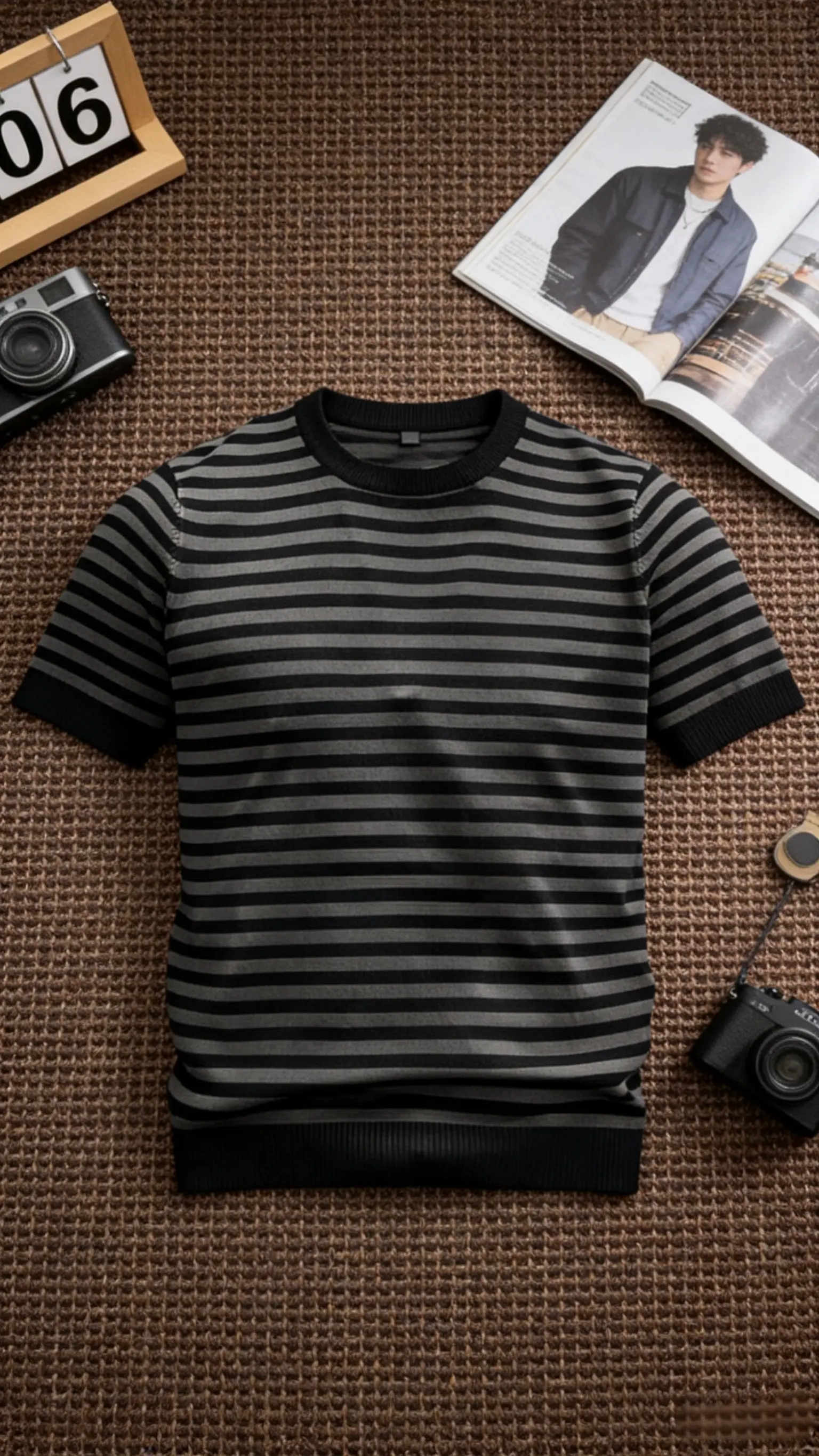 男士时尚穿搭条纹短袖T恤修身圆领潮流百搭休闲针织半袖