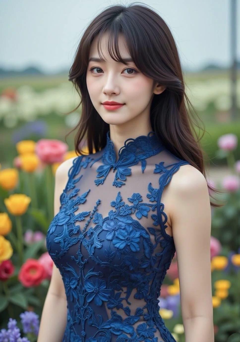 花海中的蓝裙仙女，美得令人窒息！🌸💙