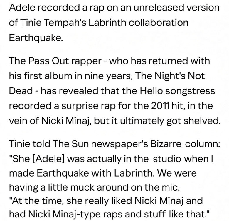 【Adele曾录制过一段Nicki Minaj风格的Rap？】/据《太阳报》：A