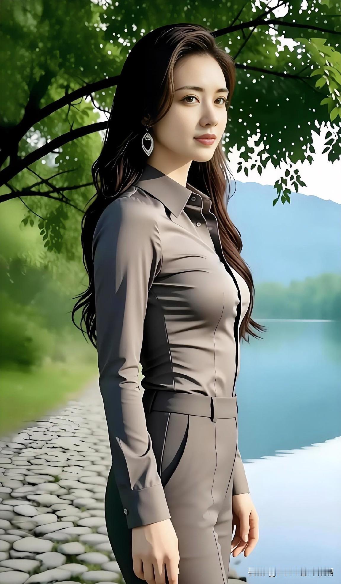灰调衬衫映湖光，长发随风轻扬，自然间尽显干练与从容之美。