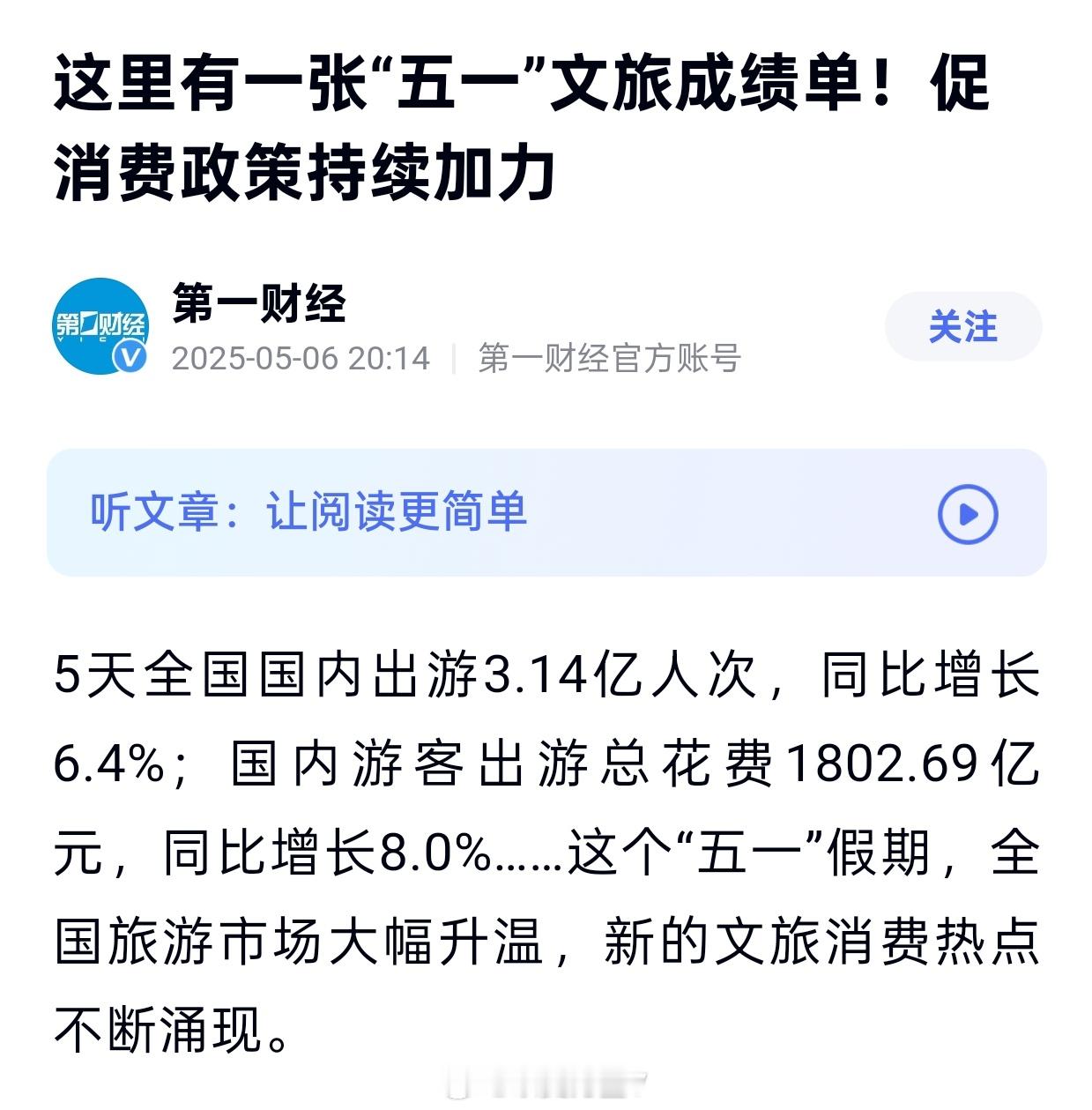 2025年五一假期数据出来了！据文旅部数据中心测算，5天假期国内出游3.14亿人