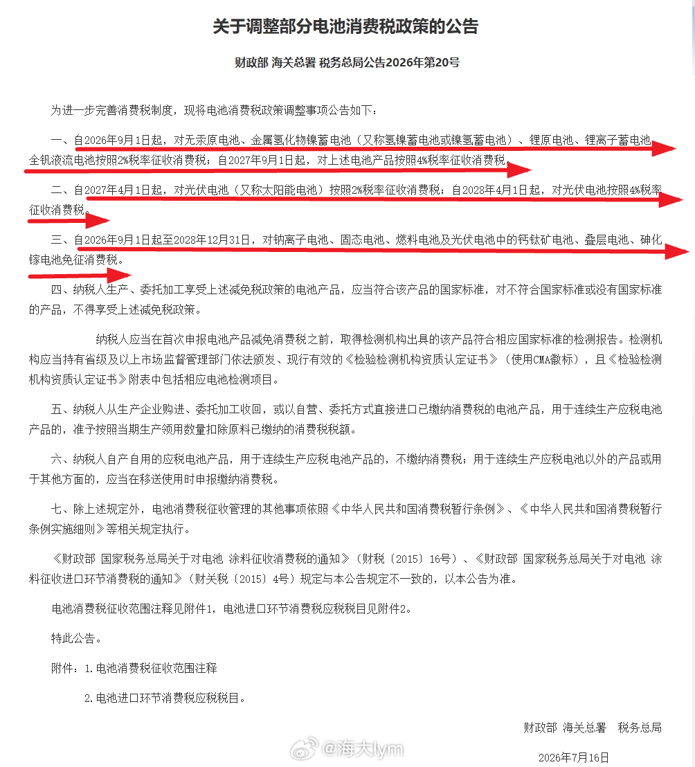 电池消费税政策分步调整 部分新能源电池逐步恢复征收消费税从财政部了解到，自202