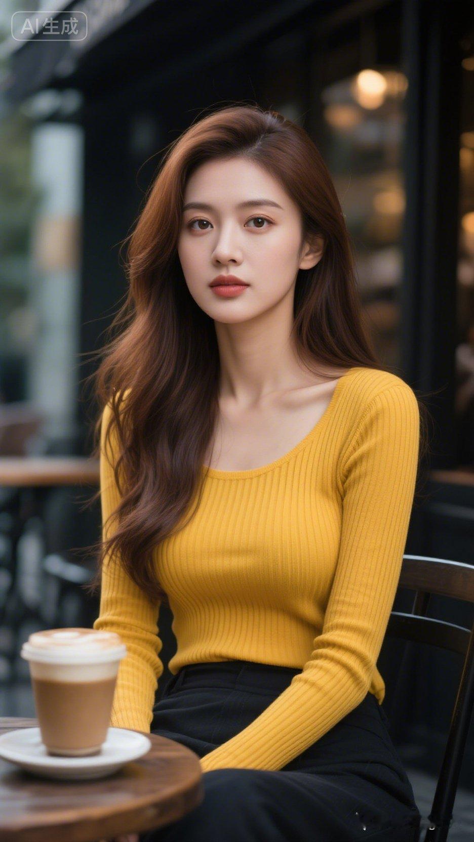 一个穿黄色毛衣的姑娘在喝咖啡。