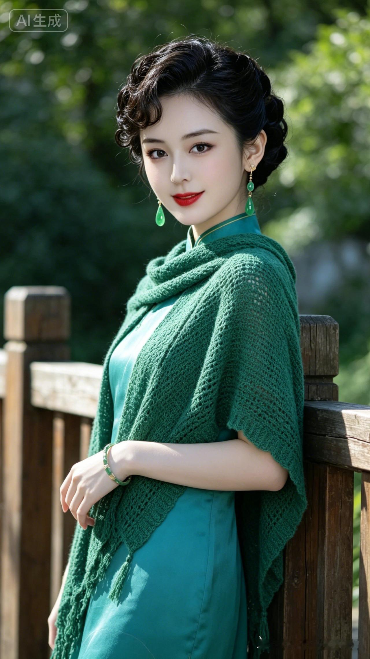 人像写真，美少女盘发配精致首饰，长裙外搭绿色针织披肩，倚靠木围栏。柔和侧光，绿植