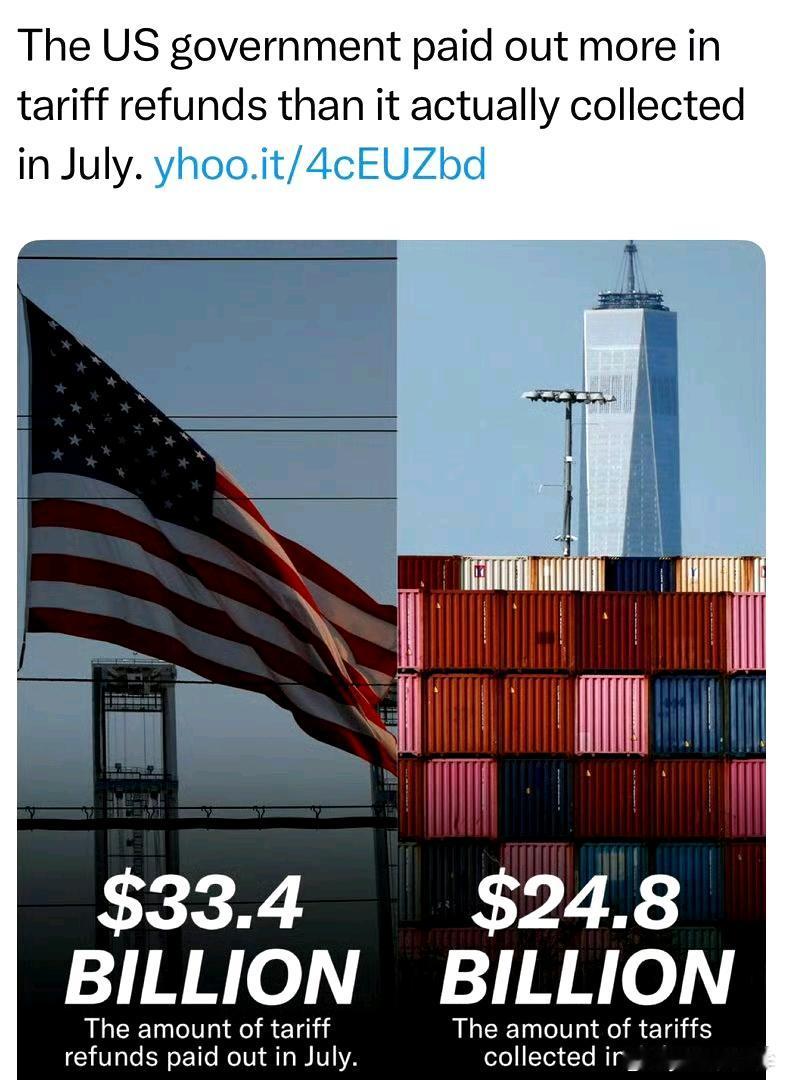 据美国财政部2026年8月13日公布7月财政月报显示，美国政府七月退关税$344