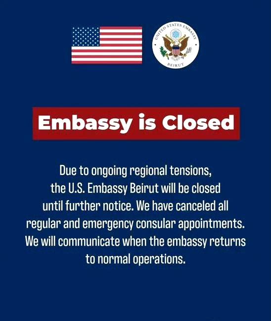 美国驻贝鲁特大使馆也宣布关闭了 ​​​