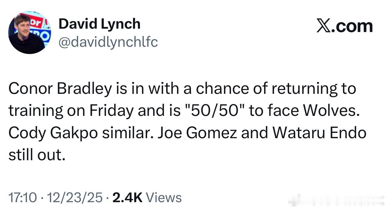 布拉德利和加克波都有机会在周五重返球队训练，都是有50%的可能性赶上对阵狼队的比