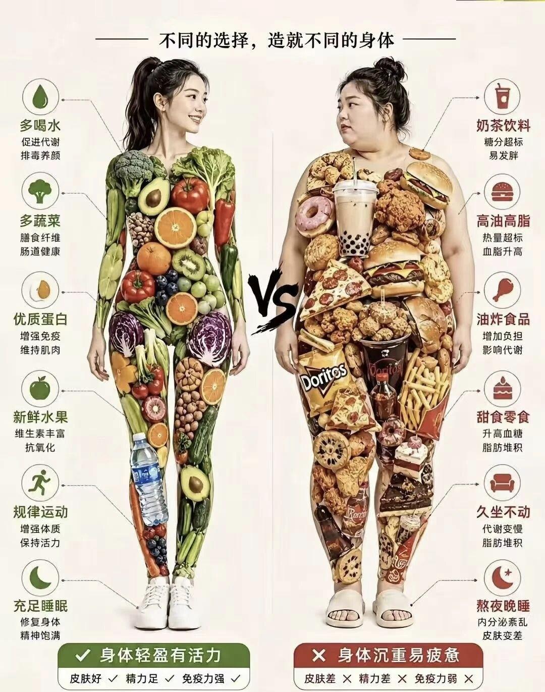 吃的是左边，身材在右边；吃的是右边，身材在左边。所谓的健康饮食让人充满了迷思，不