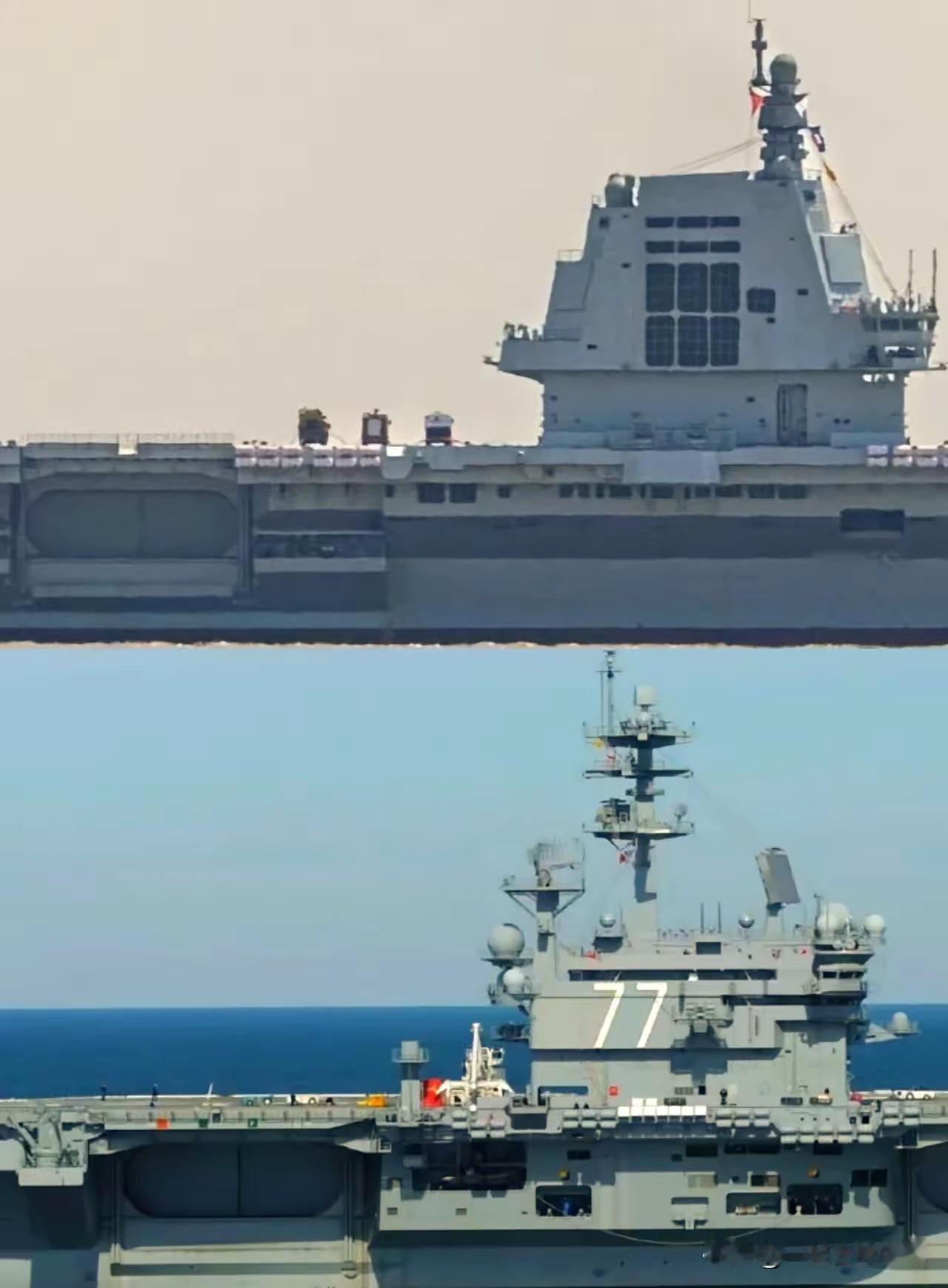 福建舰舷号18，刷在哪里？
福建舰对比美国布什号航母，美国的舰岛明显比中国的大，