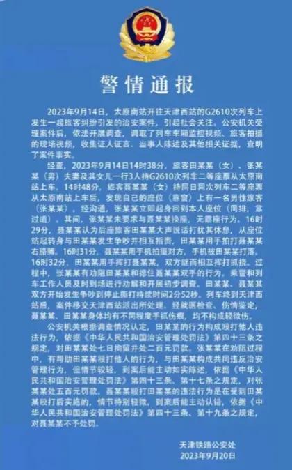 天津警方通报：对高铁换座事件打人的老妇人田某某处以七日拘留。
这次没有判定为互殴