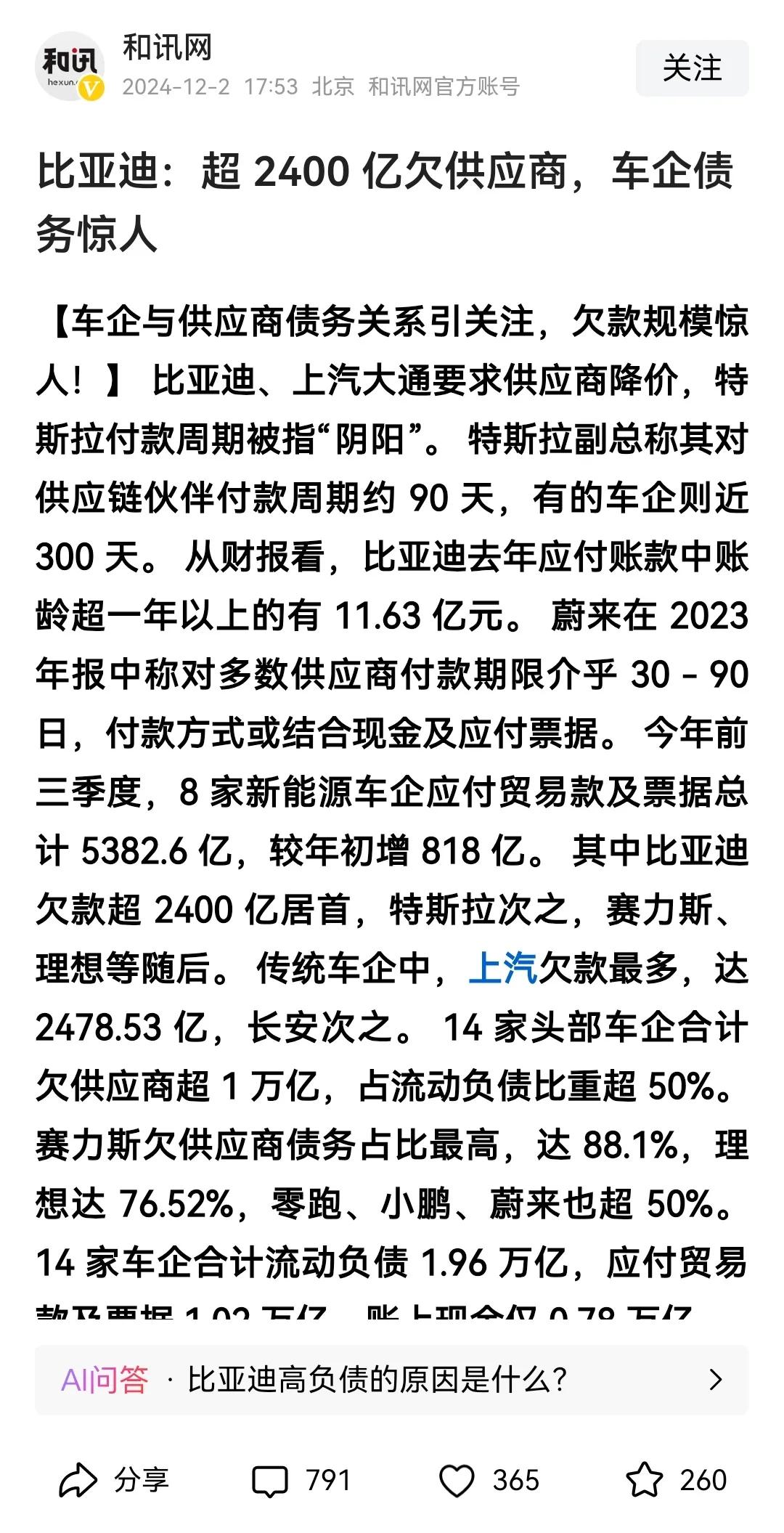 和讯网：比亚迪超2400亿欠供应商，车企债务惊人

根据和讯网最新消息，今年前三