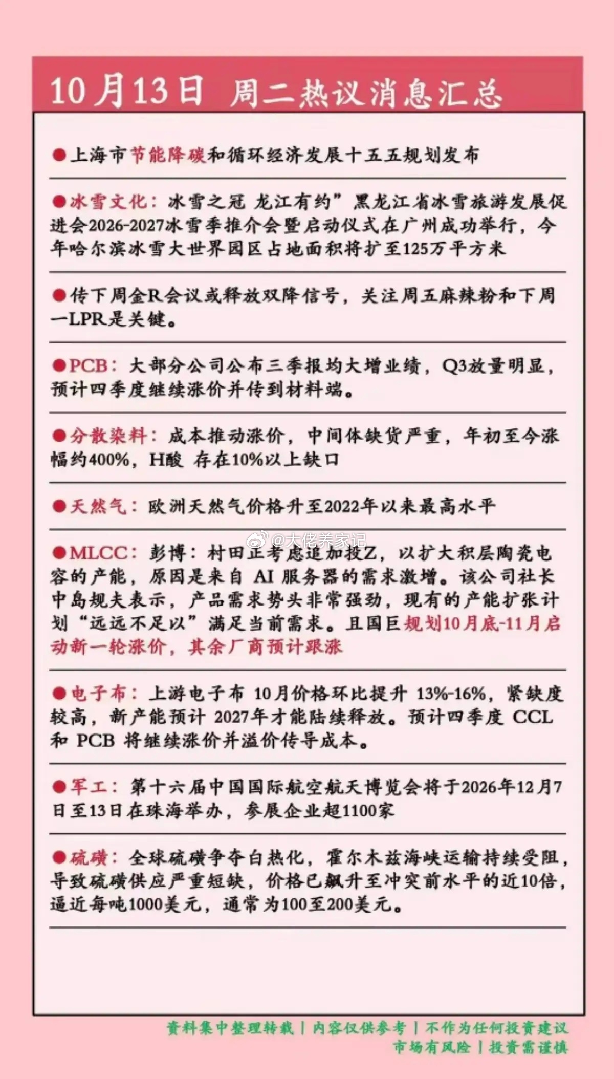 10.14周三  盘前：财经热点必读！1.节能降碳2.分散染料3.天然气价格4.