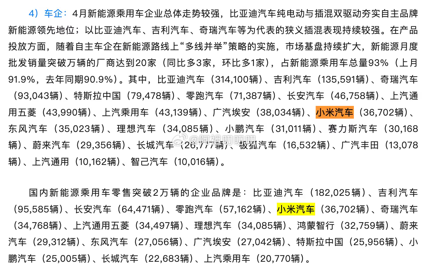 又藏？小米4月交付36,702辆，其中SU7为26,826辆。根据小米官方公布锁
