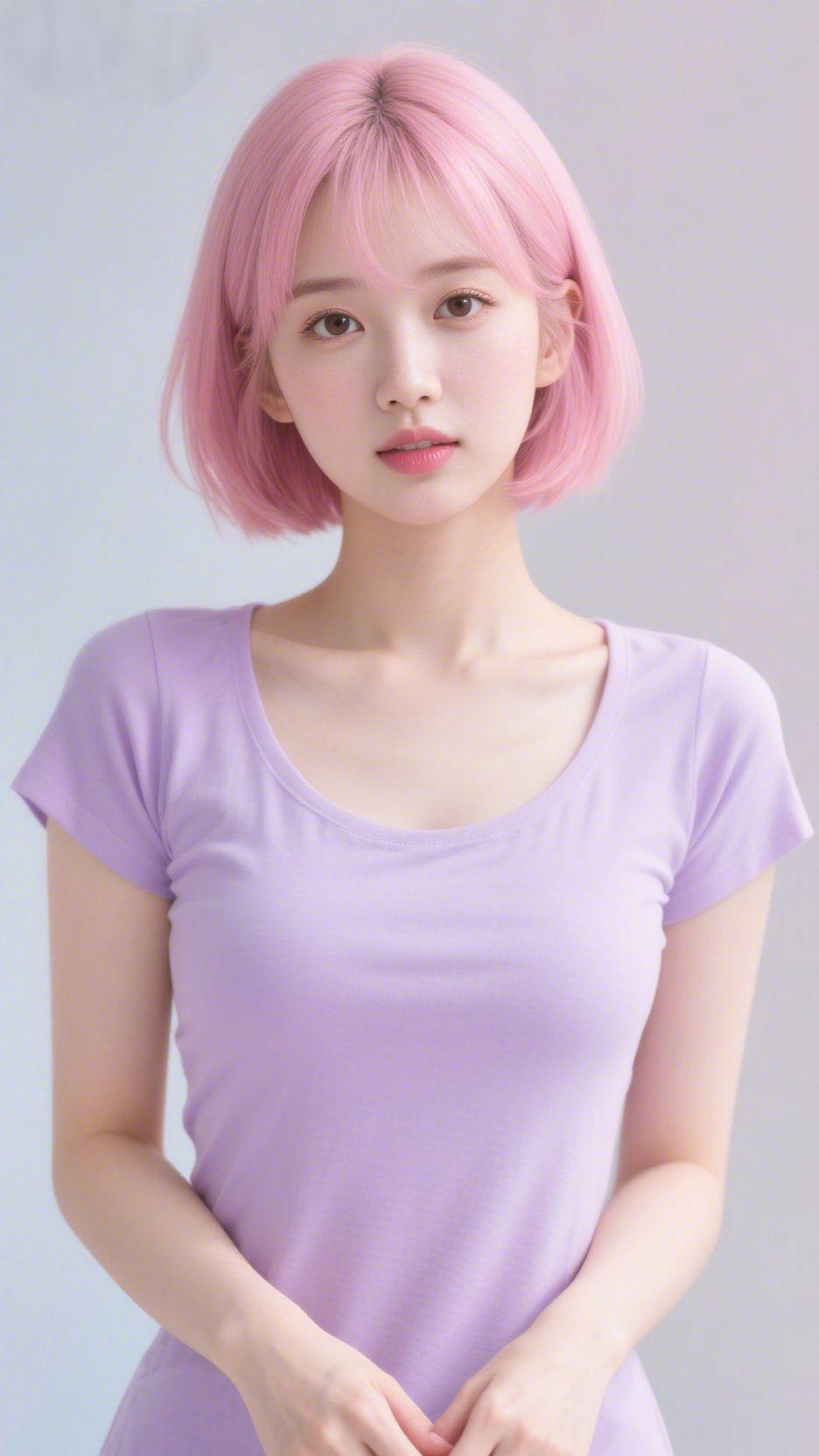 紫韵染柔粉
 
柔粉发梢撞进浅紫衣衫，像揉碎的薰衣草奶糖，裹着一份清甜的温柔。她