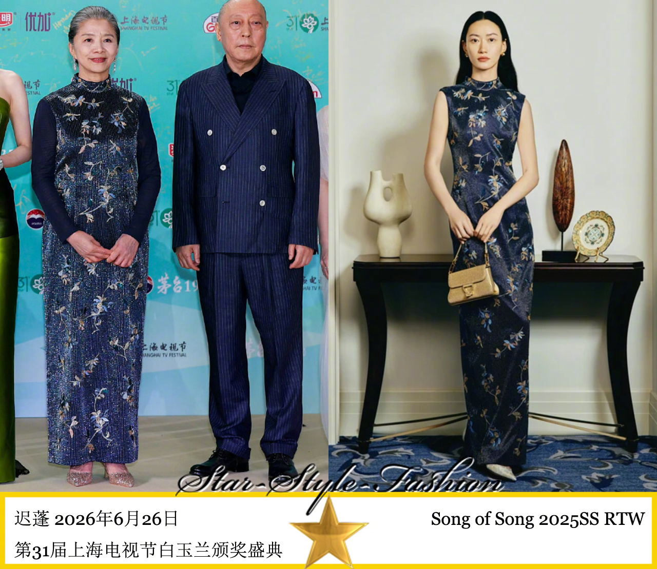 迟蓬身着Song of Song2025春夏系列提花深蓝色缎面圈领无袖连身长裙亮