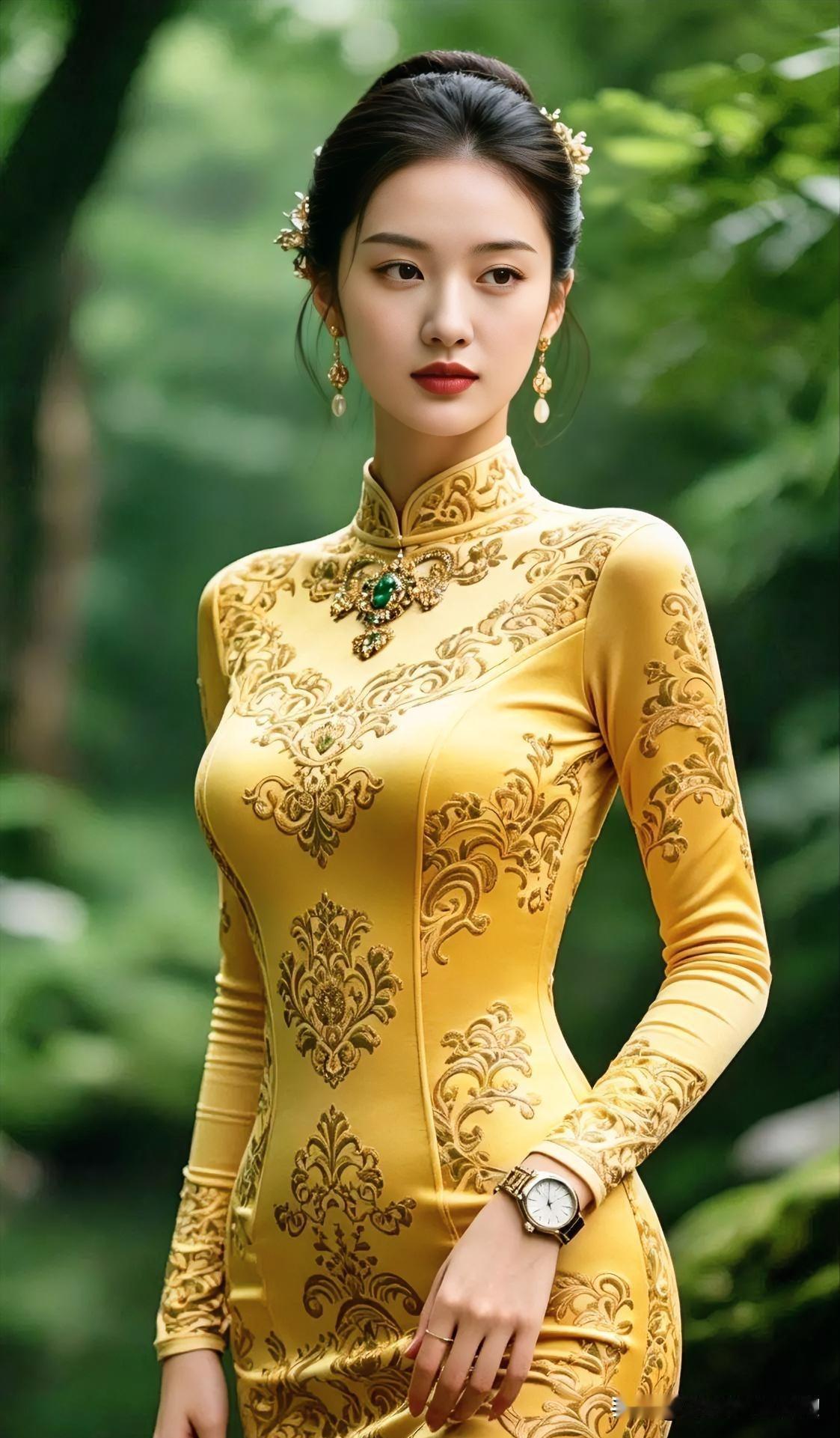 金缎绣华裳，翠饰映红唇。林深掩玉姿，典雅自生香。一袭东方韵，倾城醉绿阴。