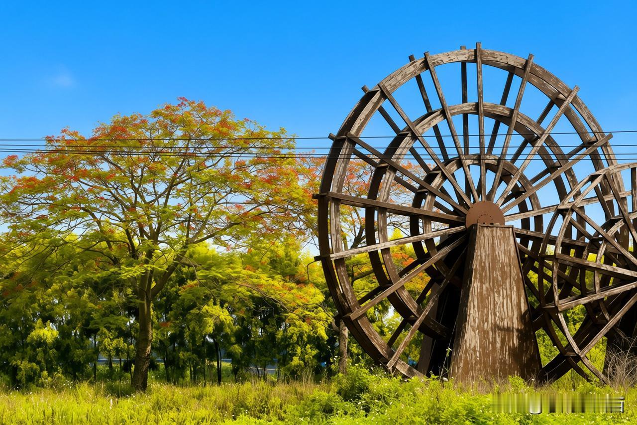 《醉美贤鲁岛，一岛清风入夏来》
贤鲁岛初夏风光旖旎，凤凰花灼灼盛放，与古朴水车相