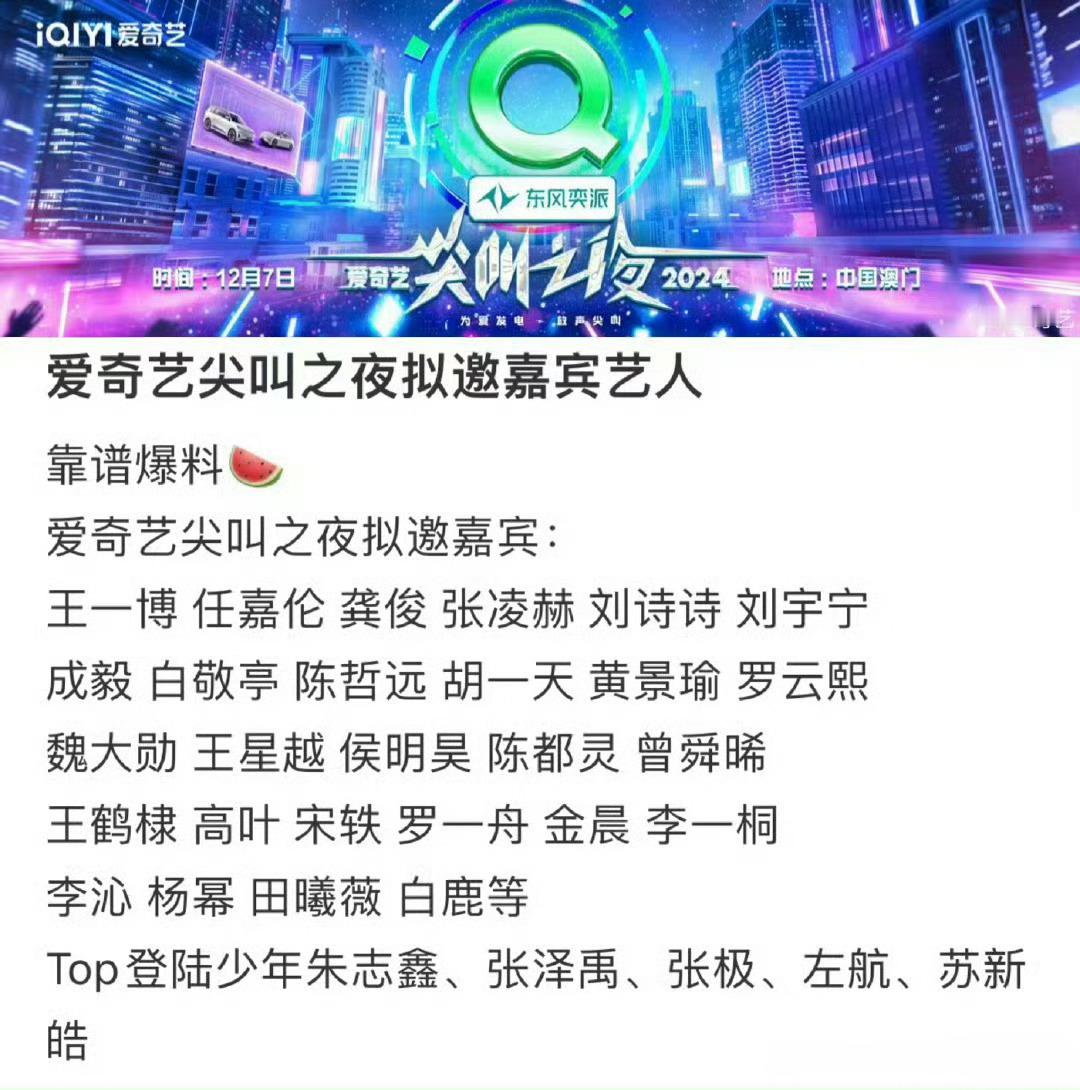 爱奇艺尖叫之夜拟邀嘉宾🈶：王一博、任嘉伦、龚俊、刘诗诗、杨幂、成毅、王鹤棣、高