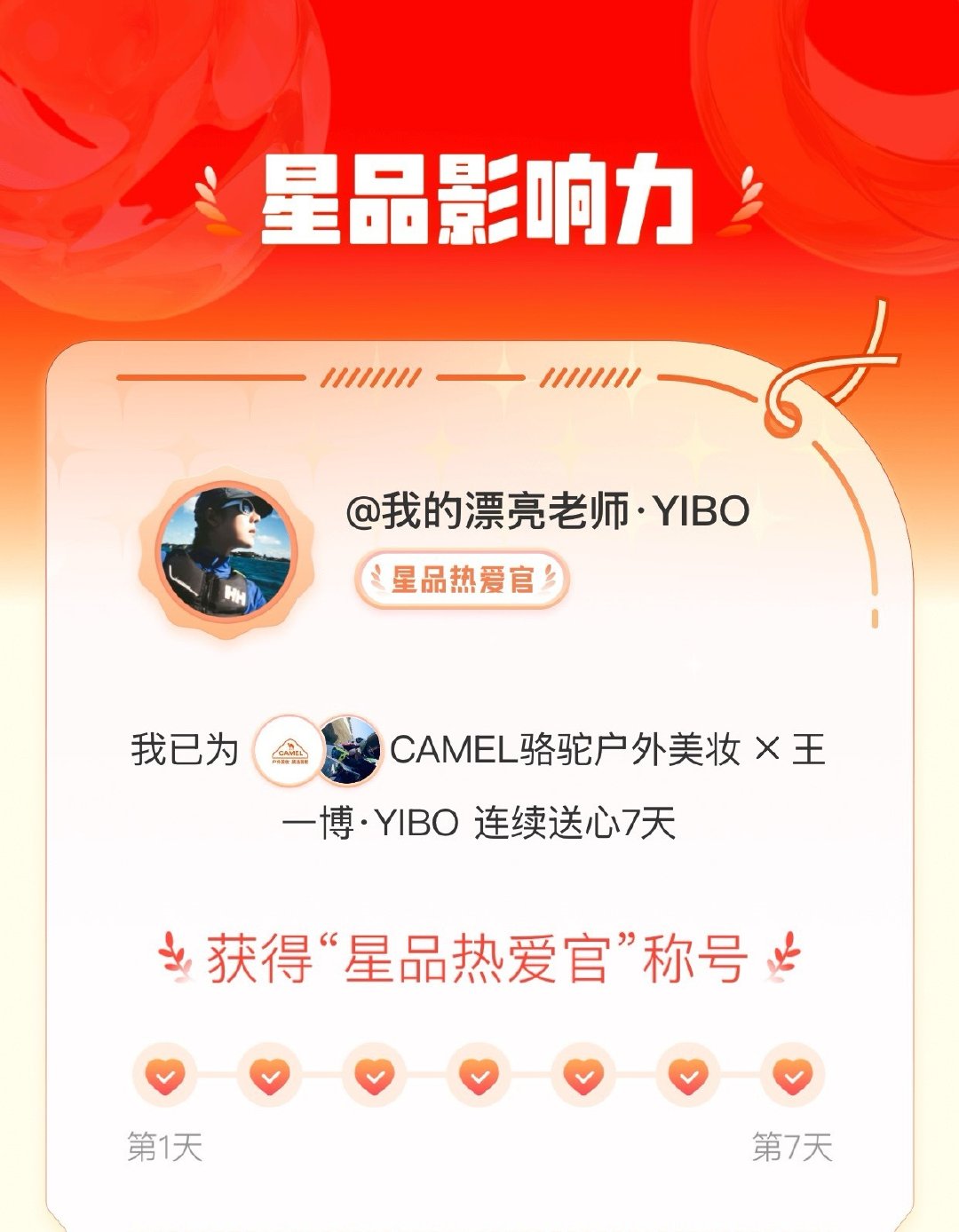 我在星品影响力上为 X 连续送心7天，获得“星品热爱官”称号！快来一起pick你