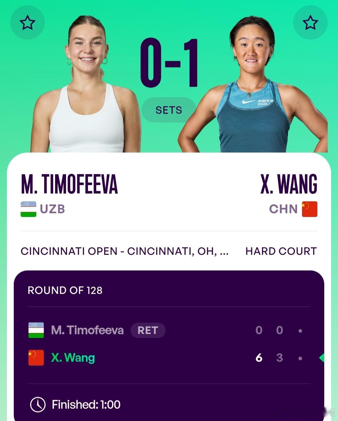 WTA1000辛辛那提站🇺🇸女单第1轮资格赛晋级的王曦雨🇨🇳6-0/3-