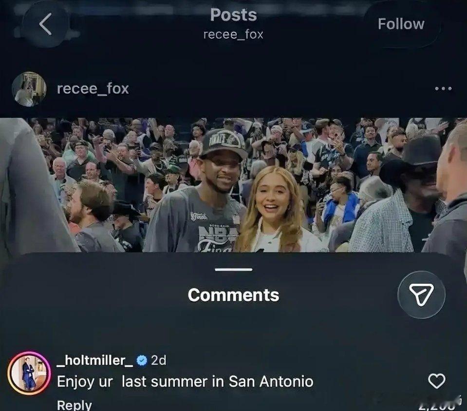 马刺icon老板儿子社媒喊话福克斯妻子：享受在圣城的最后一夏！NBA总决赛ico