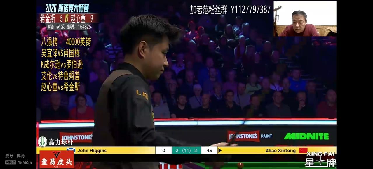 赵心童惨遭希金斯淘汰。
斯诺克大师赛1/4决赛，我国选手赵心童在3:5领先的大好