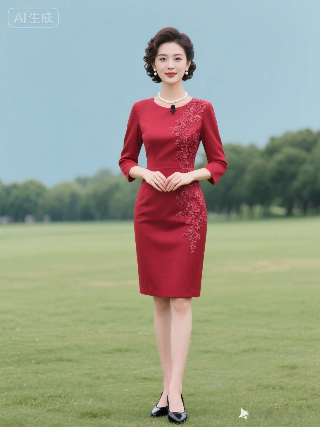 盘起烫发的女主持温婉大方，五官精致明眸纤睫。身着宝石红绣花职业裙，搭配珍珠项链与