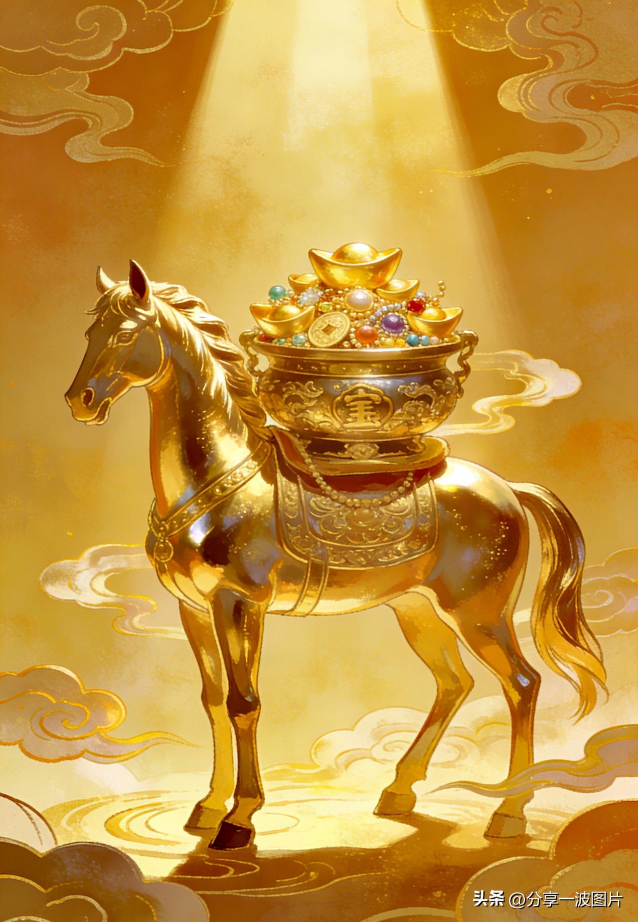 金马踏祥光，驮来聚宝盆，
盆满金与银，福运伴终身。
接住这泼天富贵，
马上发财，