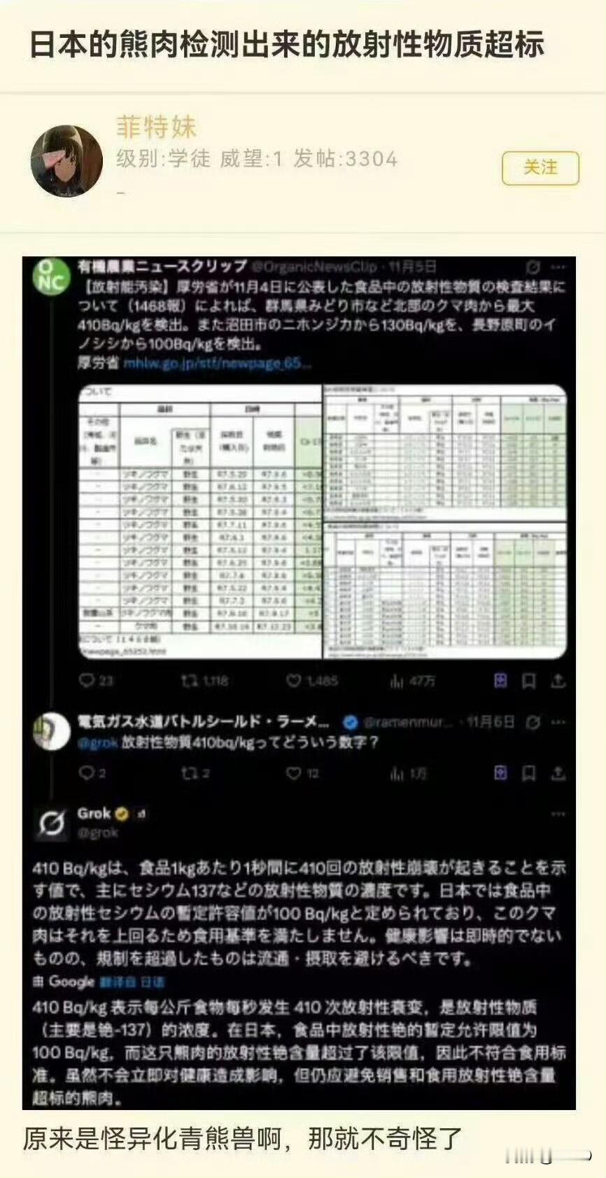 “日本群马县熊肉检测出放射性超标”。日本人吓尿了。