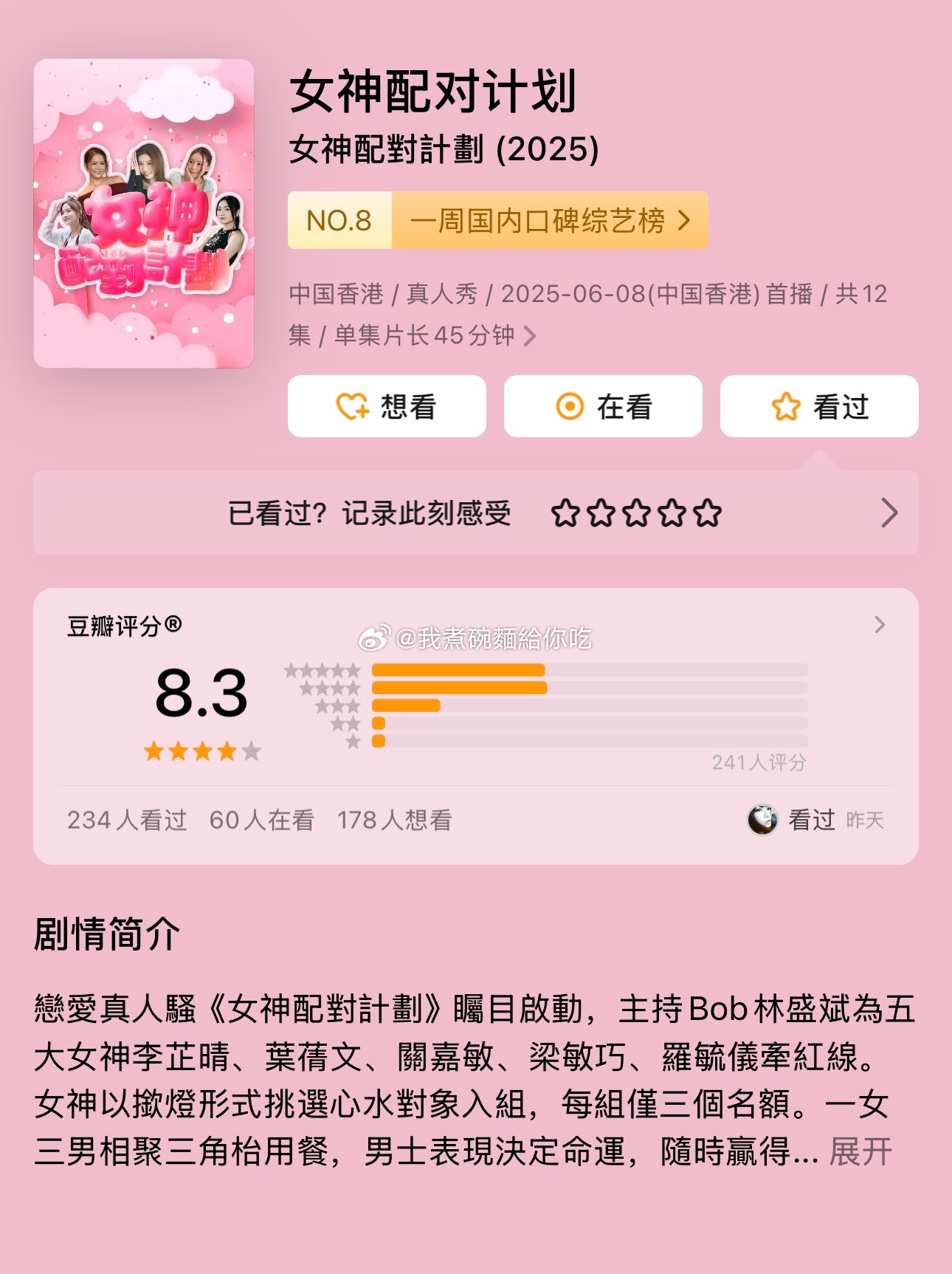 TVB《女神配对计划》豆瓣评分8.3 ​​​