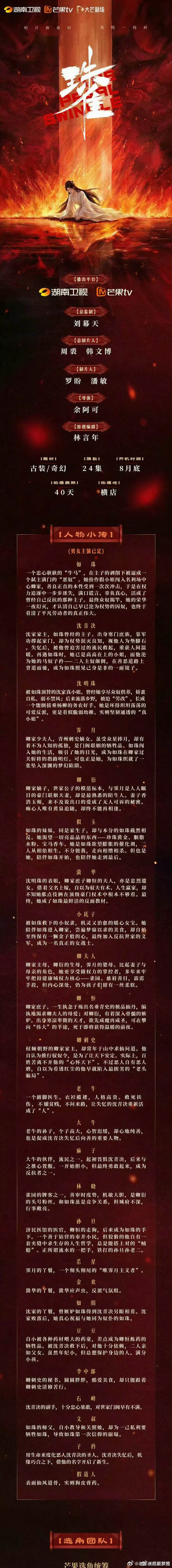 🥭中剧《珠雀》组讯主演：李卿、黄羿导演：余阿可原创编剧：林言年开机时间：8月底