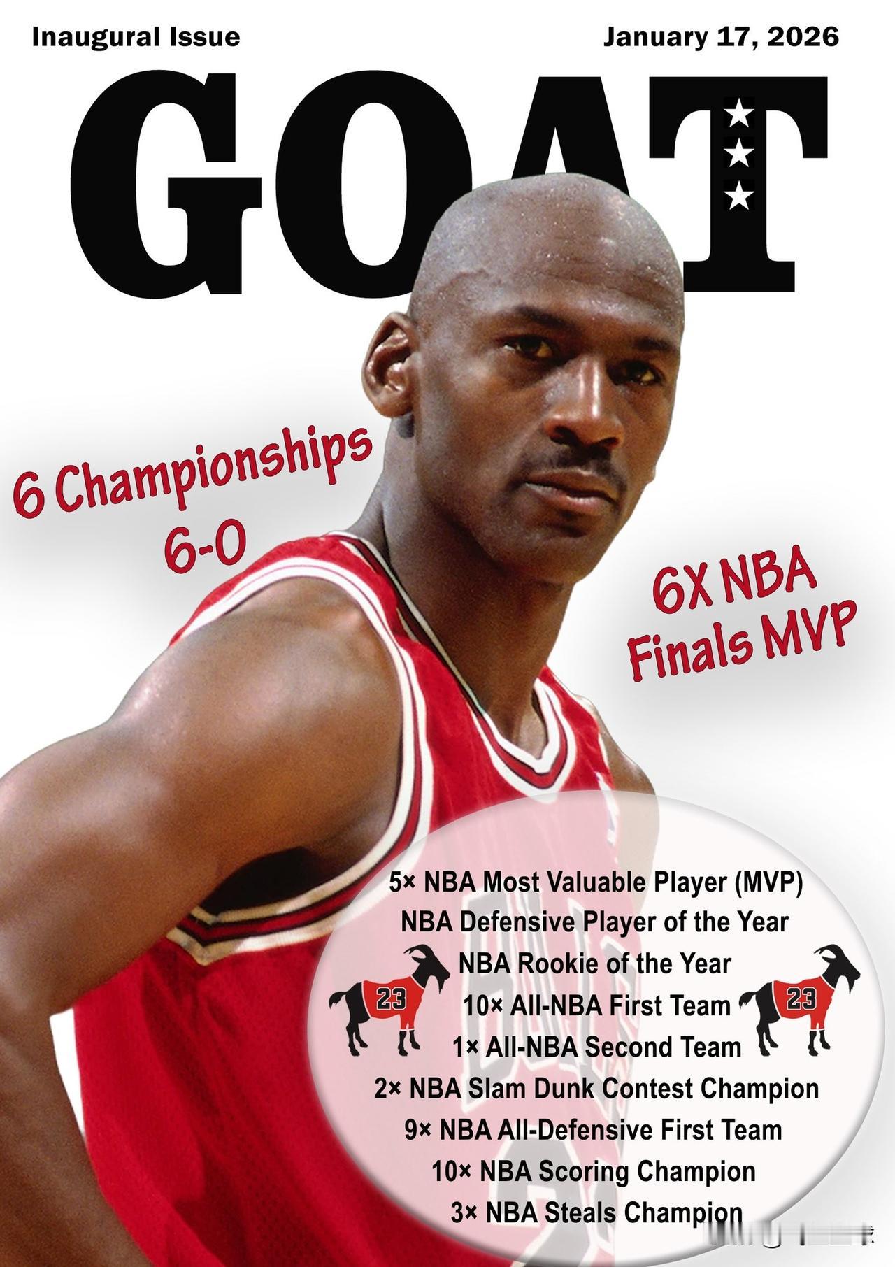 在我眼里，他依然是史上最佳球员。
GOAT‌（史上最佳）
6次总冠军 6-0（总