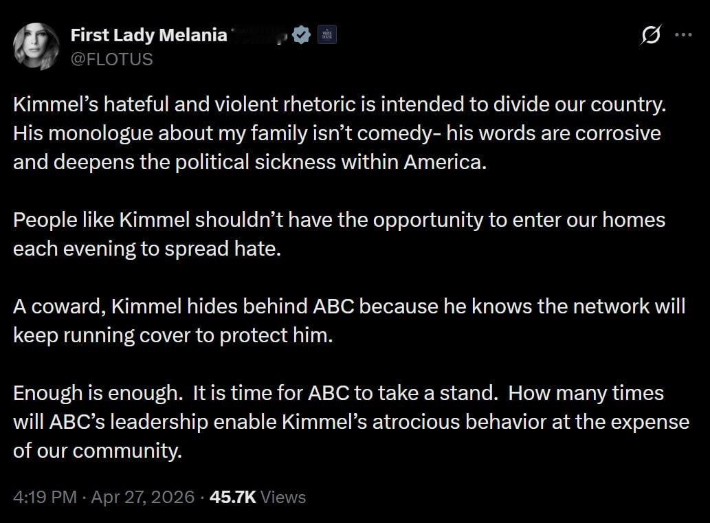 第一夫人梅拉尼娅·特朗普斥责吉米·坎摩尔为“懦夫”，并表示美国广播公司必须出面抵