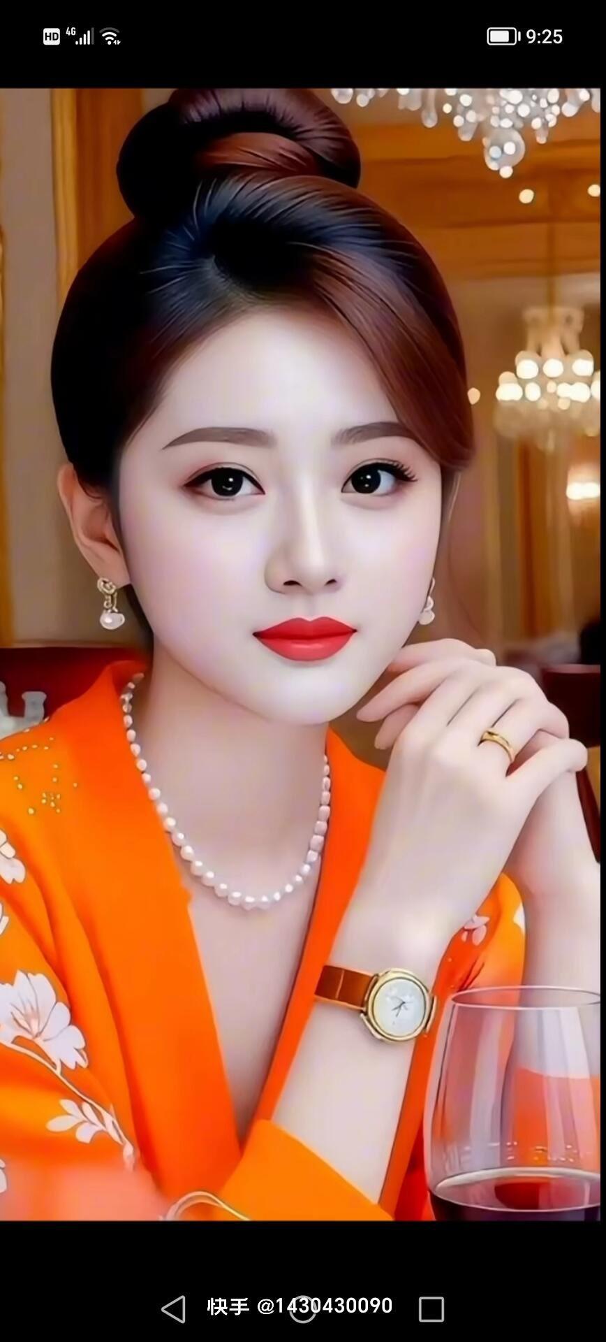 优雅气质，红唇轻启，珍珠与橙衣相映成趣。