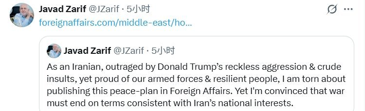 【#伊朗温和派前副总统在美媒发和平计划#，“处于弱势的美国会答应”】当地时间4月