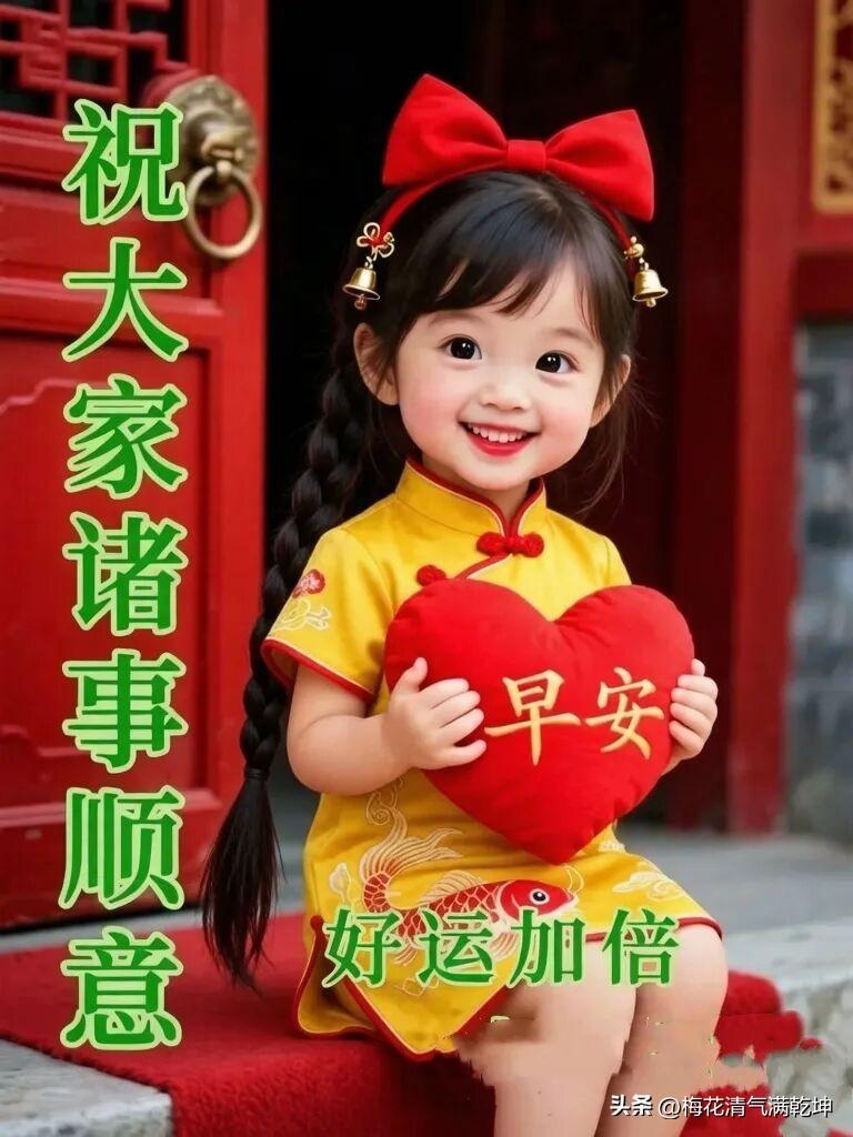 萌娃穿旗袍，红心早安，好运加倍！💖🎉