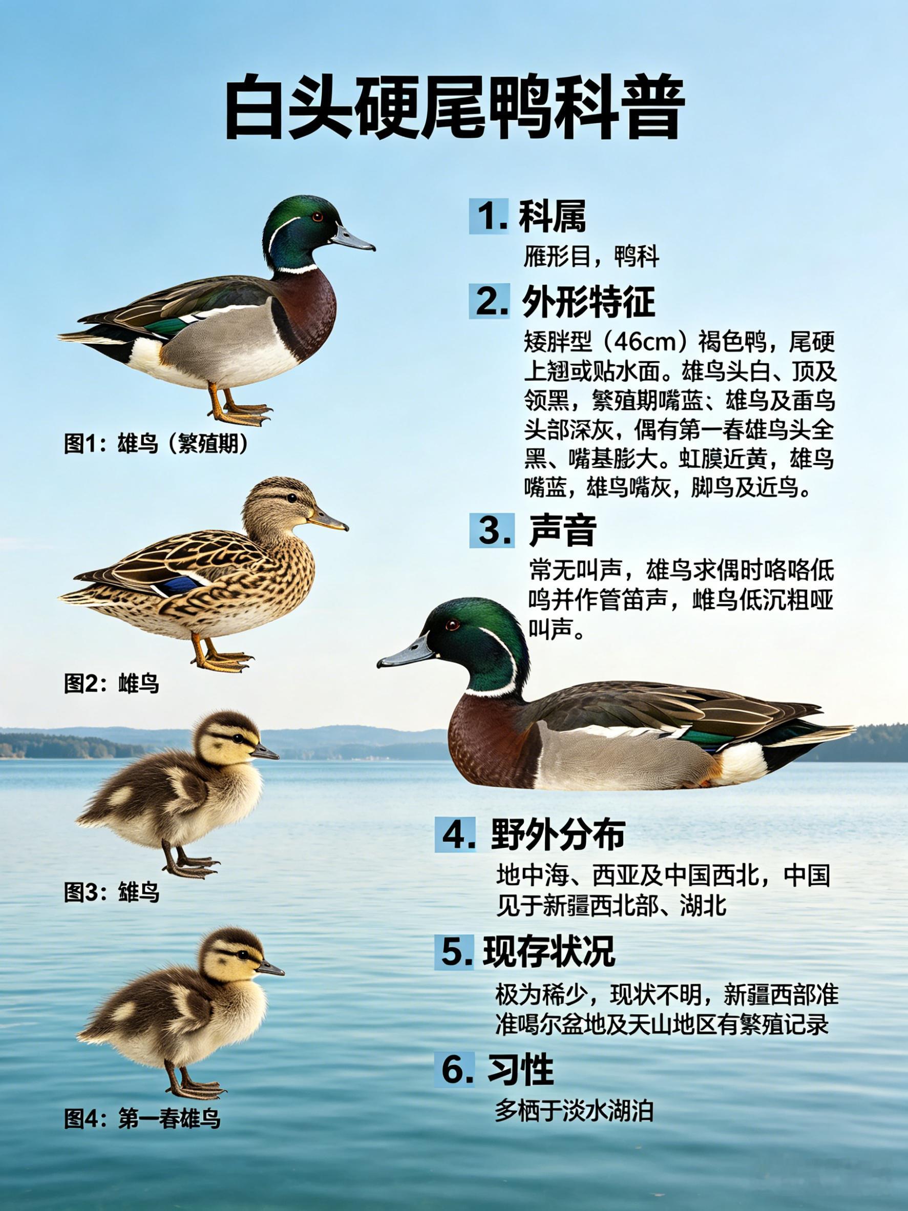 鸟类朋友图鉴 白头硬尾鸭·科属：雁形目，鸭科。·外形特征：矮胖型（46cm）的褐